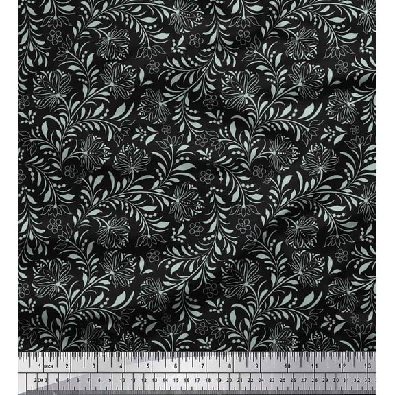 Soimoi Black Cotton Duck Fabric Artistic Leaf & Floral Print Sewing Fabric Yard 42 Inch Wide