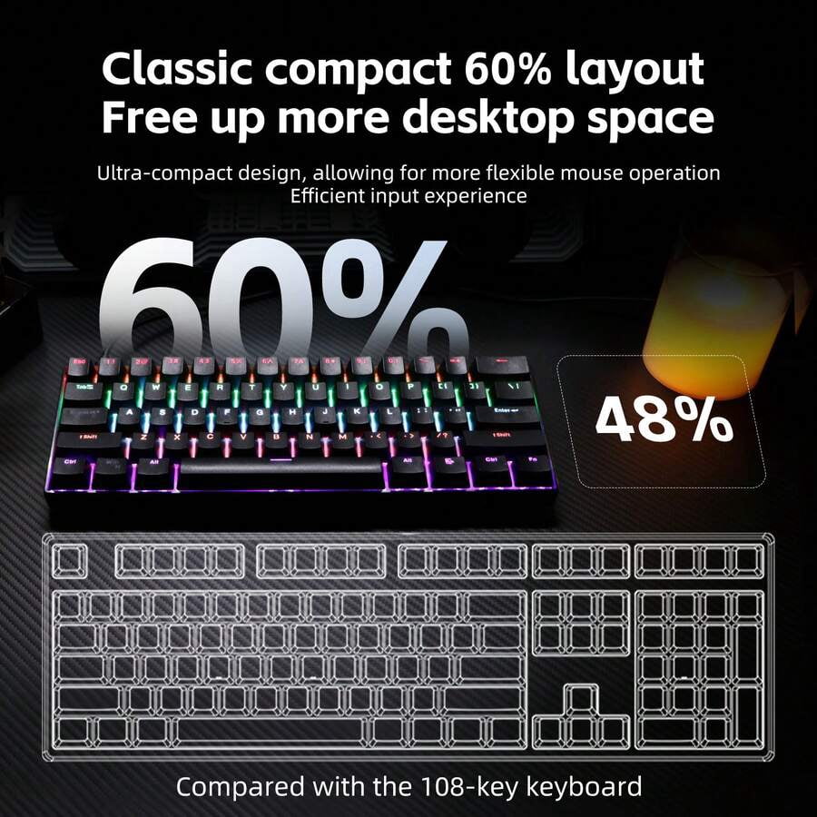 KL61 Wired 60% Mechanical Gaming Keyboard RGB Backlit 61 Keys Ultra-Compact With Hot Swappable Blue/Red Switch