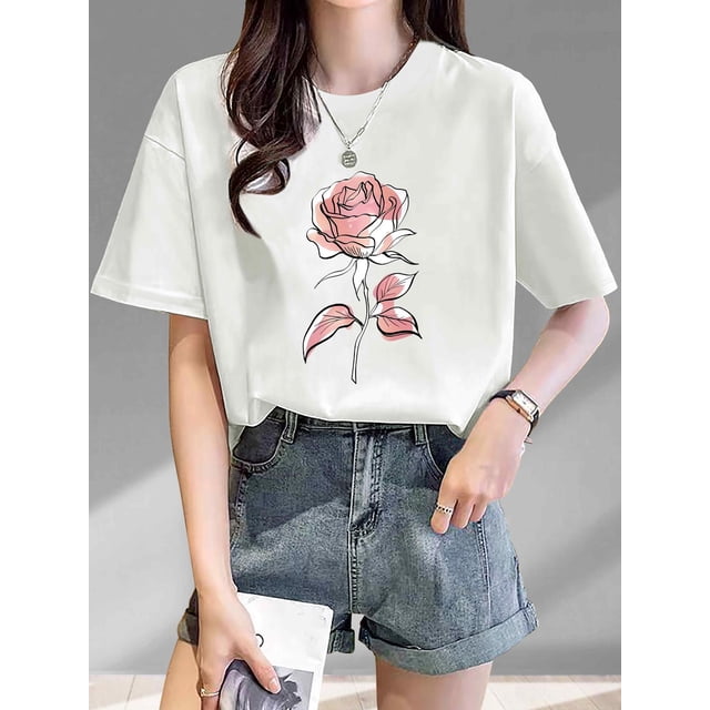 Camiseta informal de cuello redondo para mujer con estampado de rosas rosas, 100 % algodón, manga corta, ligeramente elástica, tejido de punto con estampado floral, ideal para todas las estaciones, p