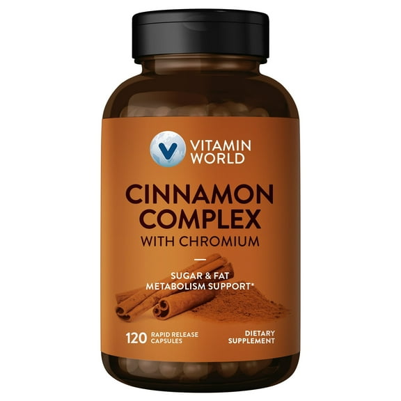 Vitamin World Cinnamon Complex with Chromium, 1000 mg Cinnamon Supplements with High-Potency Chromium for Healthy Metabolism & Antioxidant Protection, 120 Capsules, 2 Month Supply, Gluten Free
