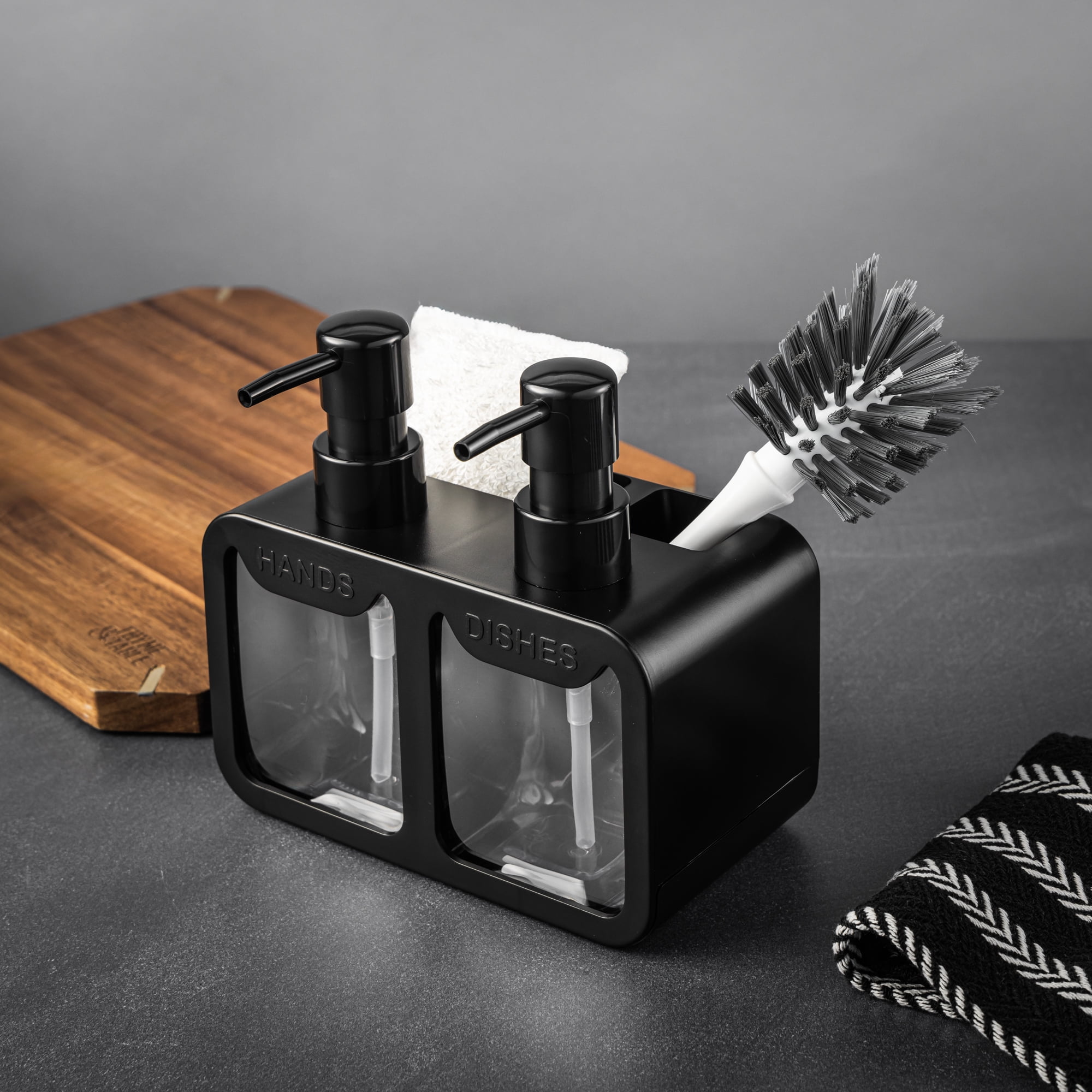 (2 pack) Thyme & Table 2-in-1 Dual Soap Pump and Caddy, Multi-Purpose Sink or Countertop Organizer Caddy, Great for Sponges and Brushes