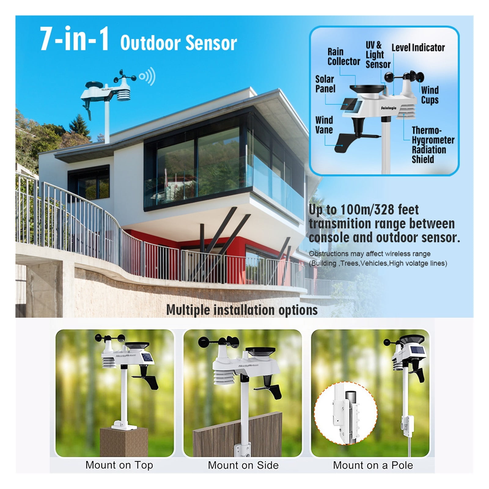 0366 Weather Station Outdoor Sensor Rain Gauge Weather Forecast Temperature Humidity Air Pressure Wind Gauge Moon Phrase ,Easy to Install