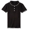 thumbnail image 2 of Camisa De Punto Mujer Verano Con Volantes Manga Corta Cuello De Muñeca Casual Top, Negro Sweethay AP001288-03B, 2 of 7