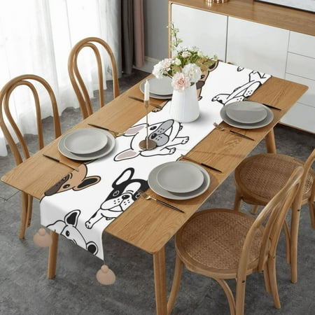 

French Bulldog (3) Table Runner Imitation Linen Table Runner With Khaki Tassels For Party And Dining Room 14 x 60