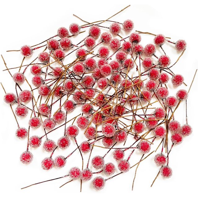 HAIKING Baies de Houx Rouges Artificielles, 100 Pcs Houx de Noël Givré Baies Décoratives pour Arbre de Noël, Artisanat, Guirlande de Noël, Mariage, Décoration Intérieure (Rouge)