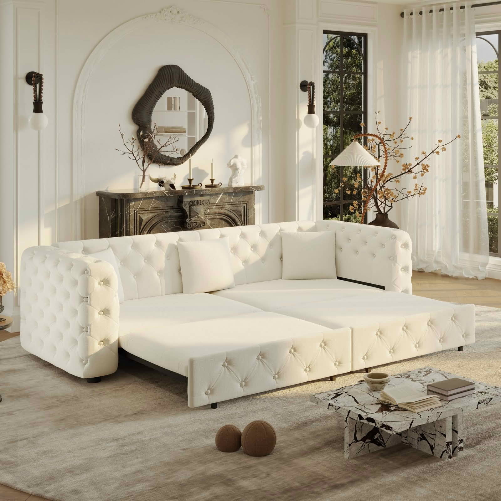 MAYEERTY 89" 4‑Seater 3‑in‑1 Pull‑Out Velvet Sofa Bed, Classic Tufted Multifunctional Couch with 3 Throw Pillows for Apartment & Living Room