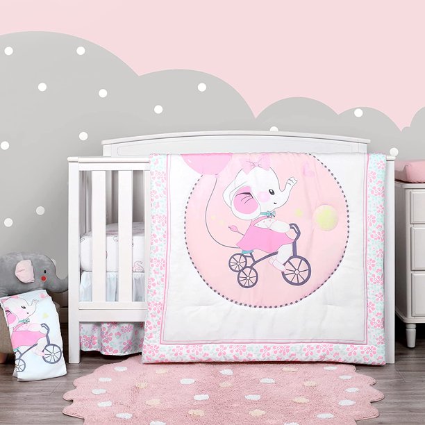 4Piece Elephant Baby Crib Bedding Set for Girls, Luxury Soft Nursery
