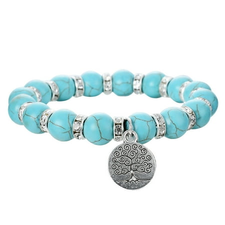 Vintage Spacer - Faux Turquoise Round Stone Stretch Bracelet w/ Crystal Spacers & a Rhodium Plated Vintage Tree of Life Pendant By JADA Collections