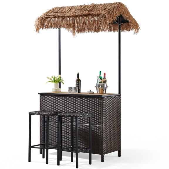 Bellefurn Outdoor Tiki Bar Set Patio Bar Table with Palapa Top,3 Piece Wicker Bar Table with 2 Stools,Storage Shelves & Wine Glass Rack, All-Weather Hawaiian Patio Bar Set for Garden Deck Backyard