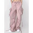 thumbnail image 3 of Arvbitana Women's Loose Cargo Pants Solid Color Low Waist Zipper Ruched Parachute Pants Wide Leg Long Trousers with Pockets Streetwear, 3 of 6