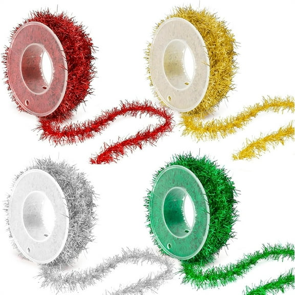 Tutuviw 4 Rolls 36 Ft Christmas Tinsel Ribbon Glitter Garland for Christmas Tree Decorations Wired Ribbons Carnival Metallic Wire Tinsel Garland Strands Birthday Party Decor(Gold Silver Green Red)