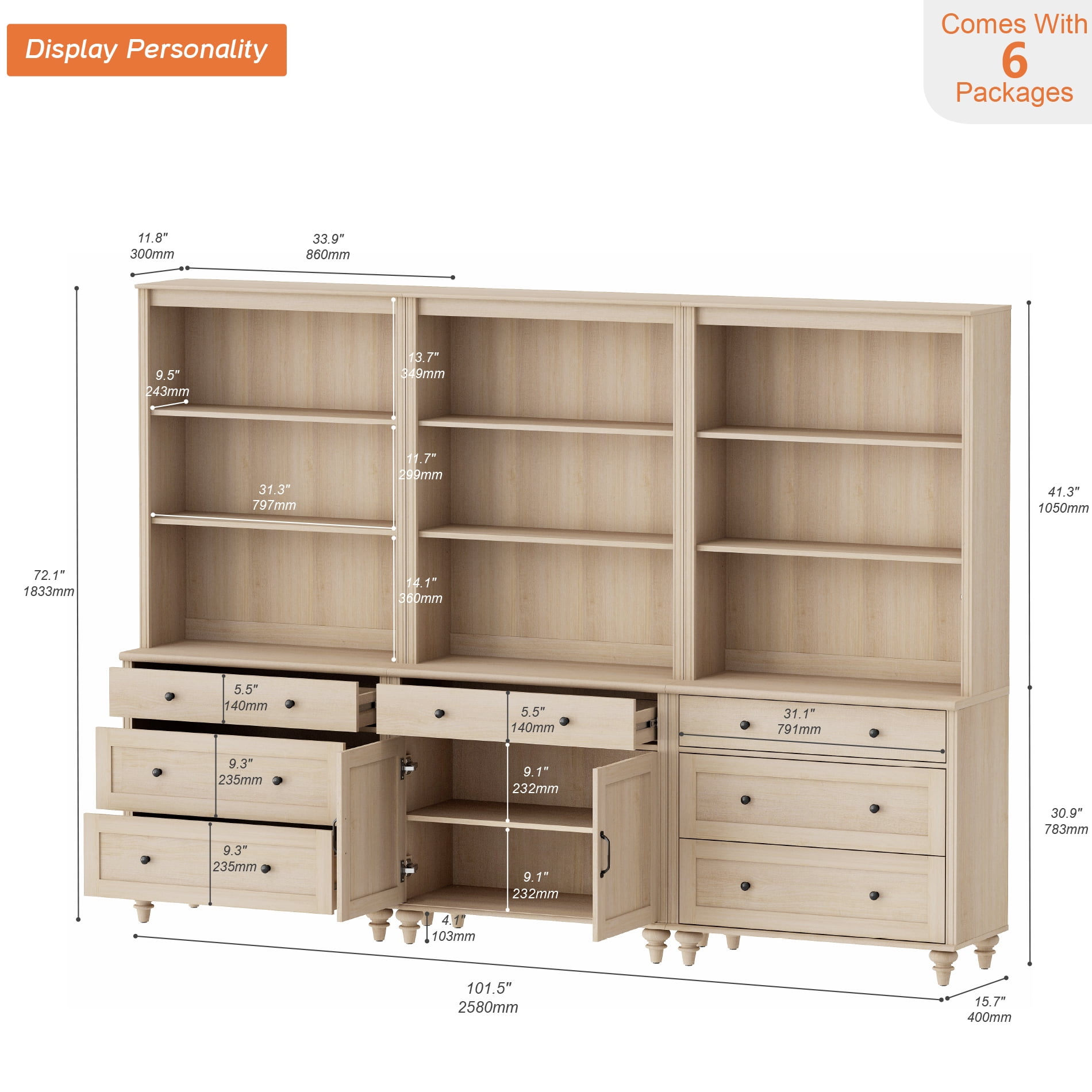 Farmhouse 5 Tier Bookcase With 7 Drawers and 2 Doors, Beige, 101.6" W