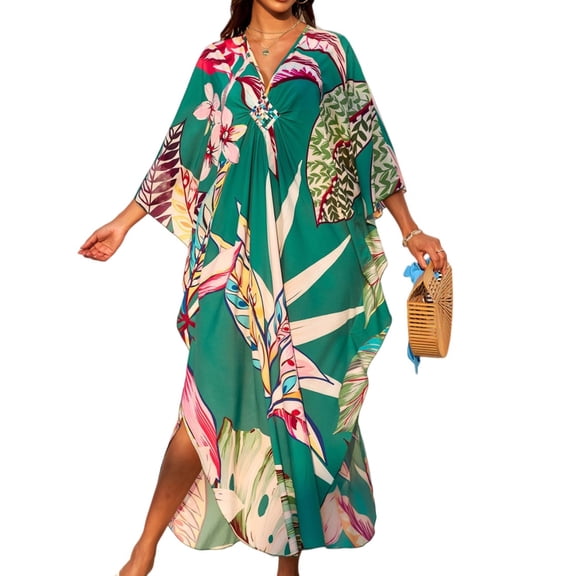 Domuza Kaftan Dresses Women Batwing Sleeve V Neck Moo Moos Colorful Print Cover Ups Caftan Beach Dresses Dresses Summer Hawaiian Dress Loungewear Army Green One Size