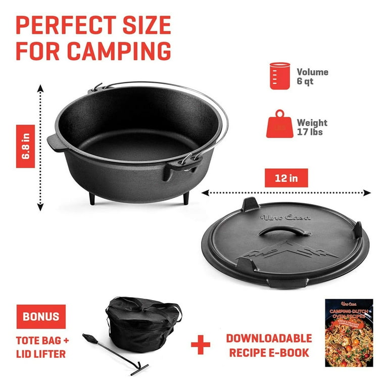 Uno Casa 6Qt Cast Iron Camping Dutch Oven with Lid Lifter and Storage Bag -  Cast Iron Dutch Oven Pot with Lid, Cast Iron Camping Cookware, Camping
