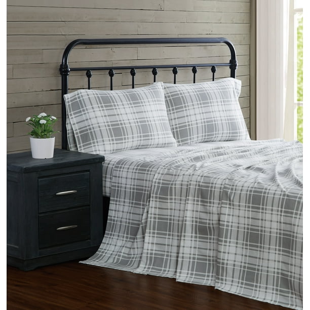 London Fog Grey Plaid Cotton Flannel 4 Piece Queen Sheet Set Walmart