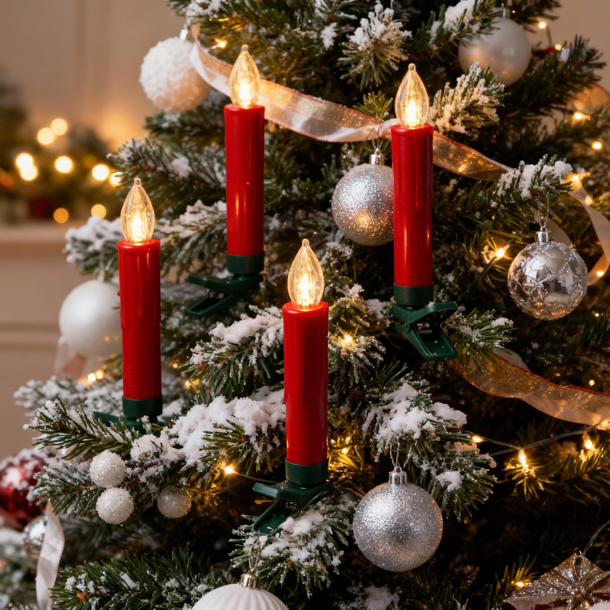 WYZworks 20 Pack LED Flameless Red Taper Clip On/Suction Cup Candles for Christmas Tree/Window Candle, 3.5" Flickering Warm White Candle Lights Ornaments, Crown Wreath, Battery Operated, Remote/Timer