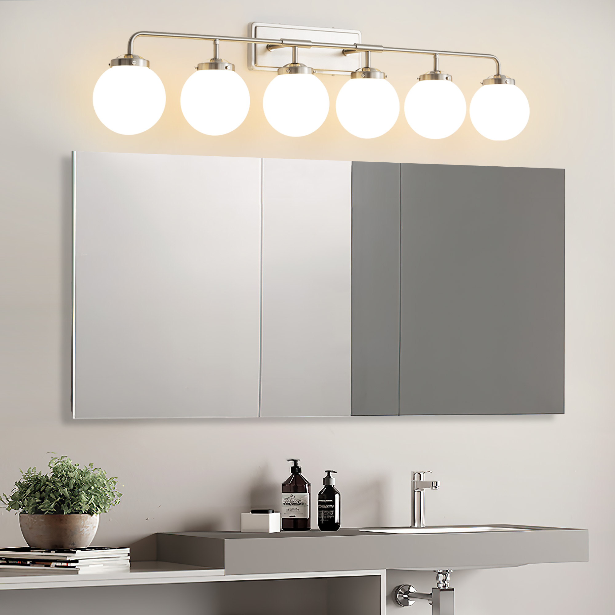 Deyidn 6-Light Modern Vanity Light, Nickel Bathroom Light Fixture with Milk White Glass Globes, 45 Inch Bathroom Wall Sconce for Mirror