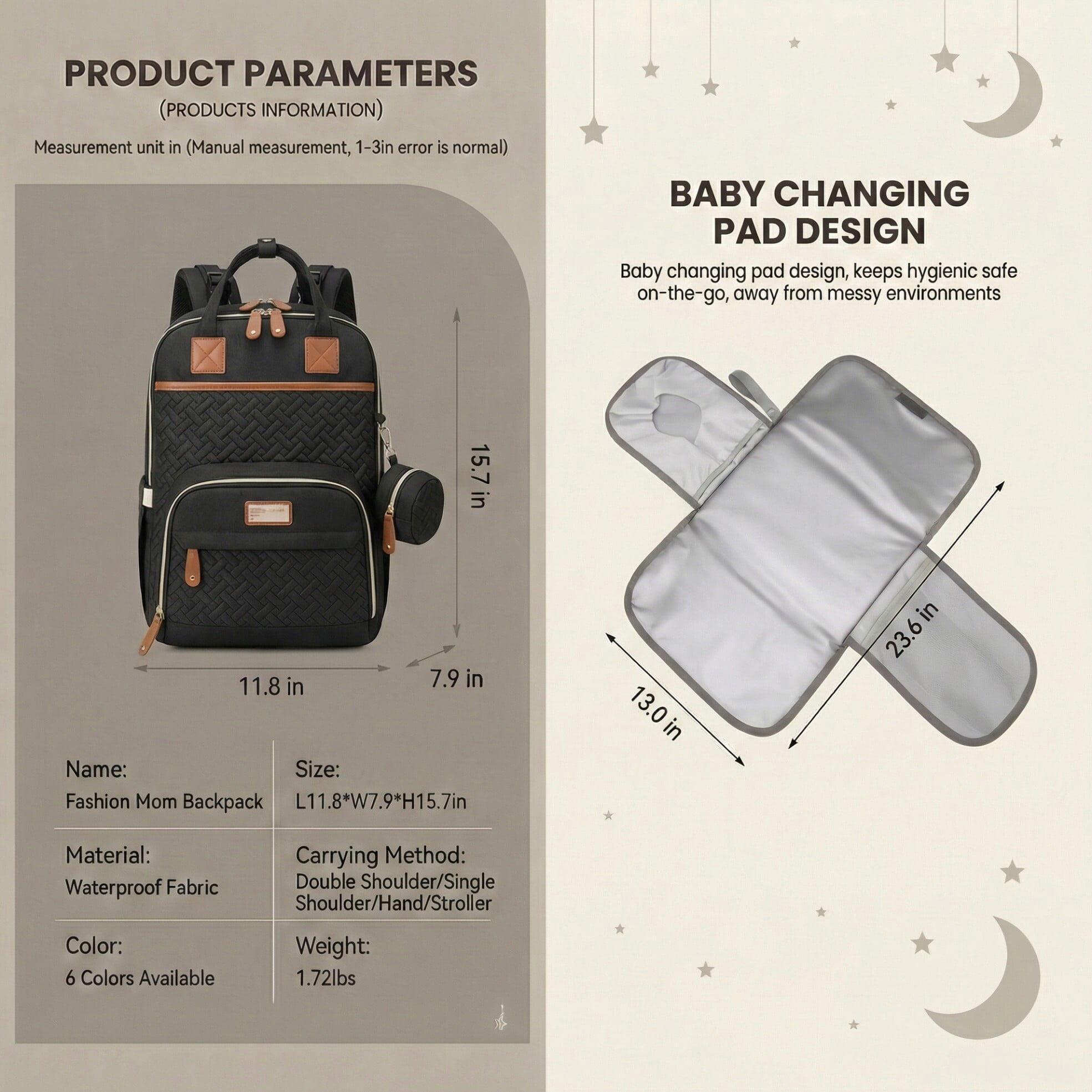 Baby diaper bag, with changing pad, multi-functional baby diaper bag, portable diaper bag, diaper bag storage bag, with insulated bottle bag, suitable for both boys and girls, Black.