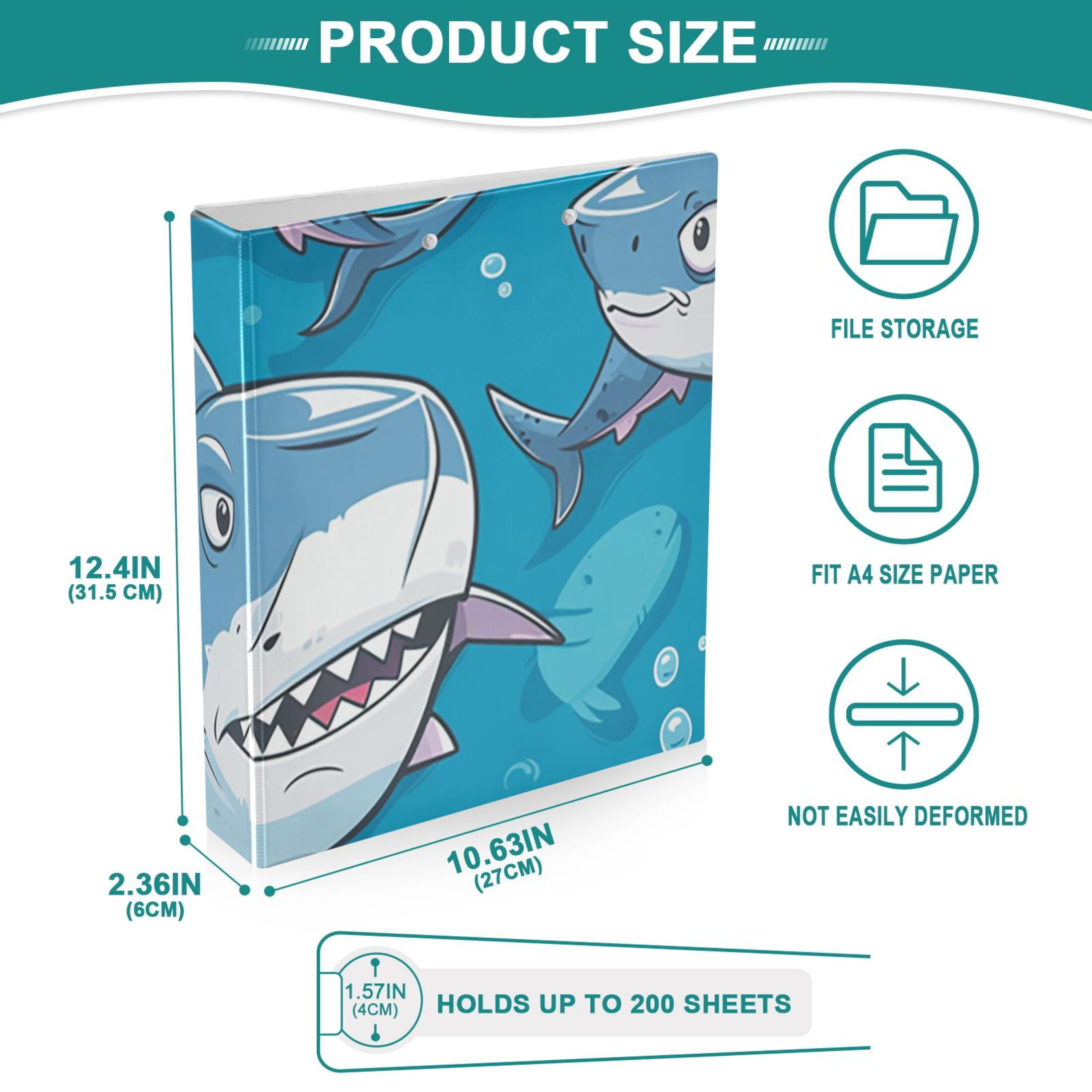 Cartoon Sharks 3 Ring Binders 1.5 inch Hardcover File Folders with Interior Pockets A4 Size Organizer for School Office Hospital