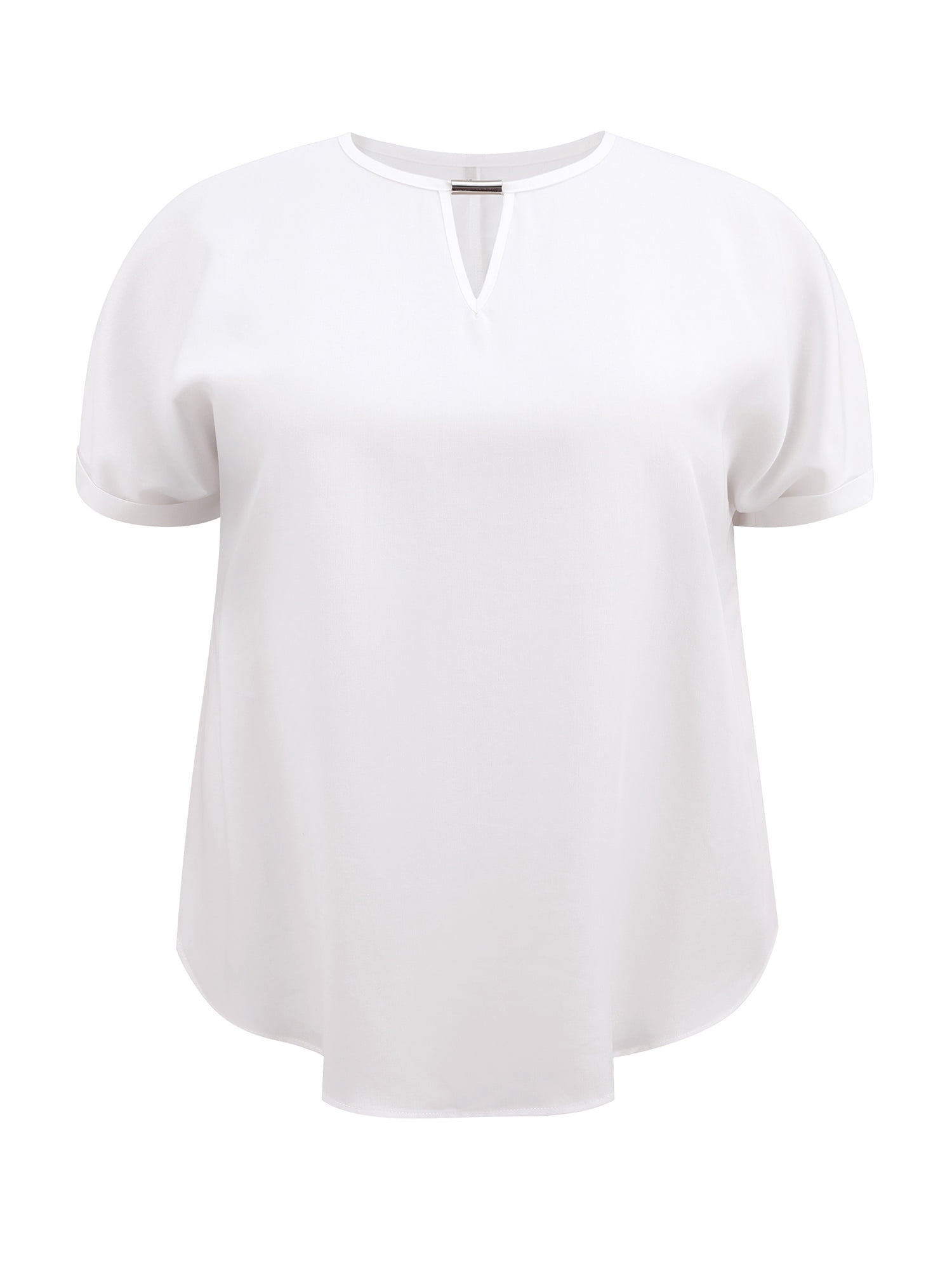 DARING DIVA Women's Plus Keyhole Neck Petal Trim Short Sleeve Blouse 4X White