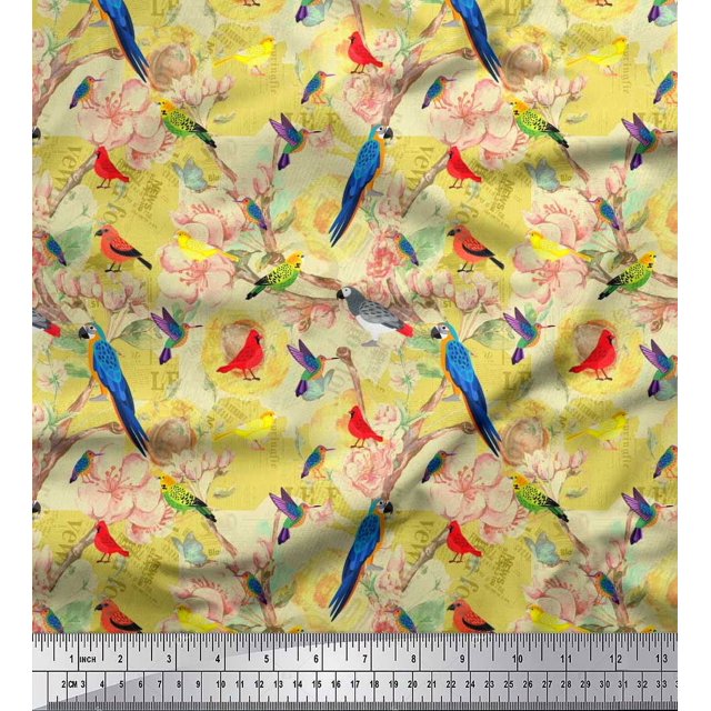 Soimoi Yellow Modal Satin Fabric Floral,Parrot & Hummingbird Bird Print Fabric by The Yard 42 Inch Wide