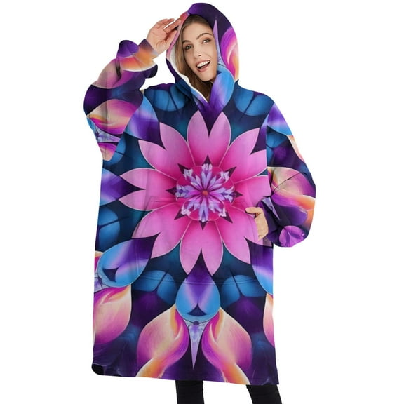 Oversized Wearable Blanket Hoodie,Colorful Tie Dye Mandala Pattern Sherpa Blanket Hoodie with Super Pockets,Super Warm Fuzzy Pullover for Women & Men
