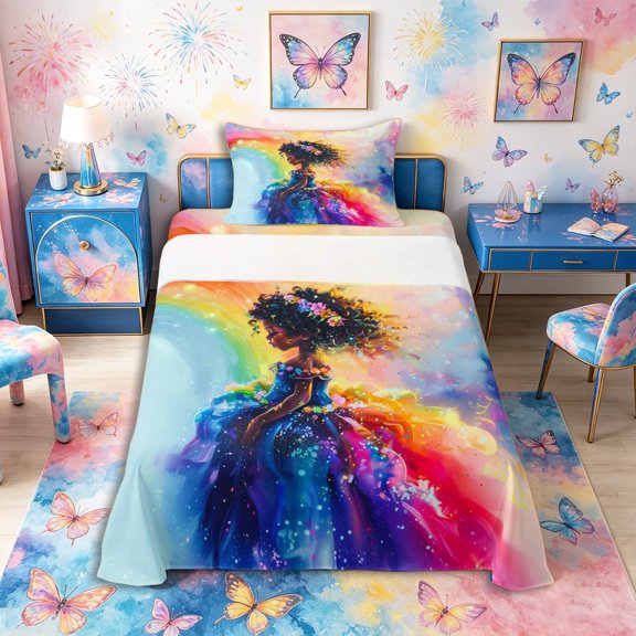 Castle Fairy Black Cute Girl Twin Sheets 3pcs,Dreamy Rainbow Print Bedding,Blue Purple Pink,1 Fitted Sheet, 1 Flat Sheet and 1 Pillowcase