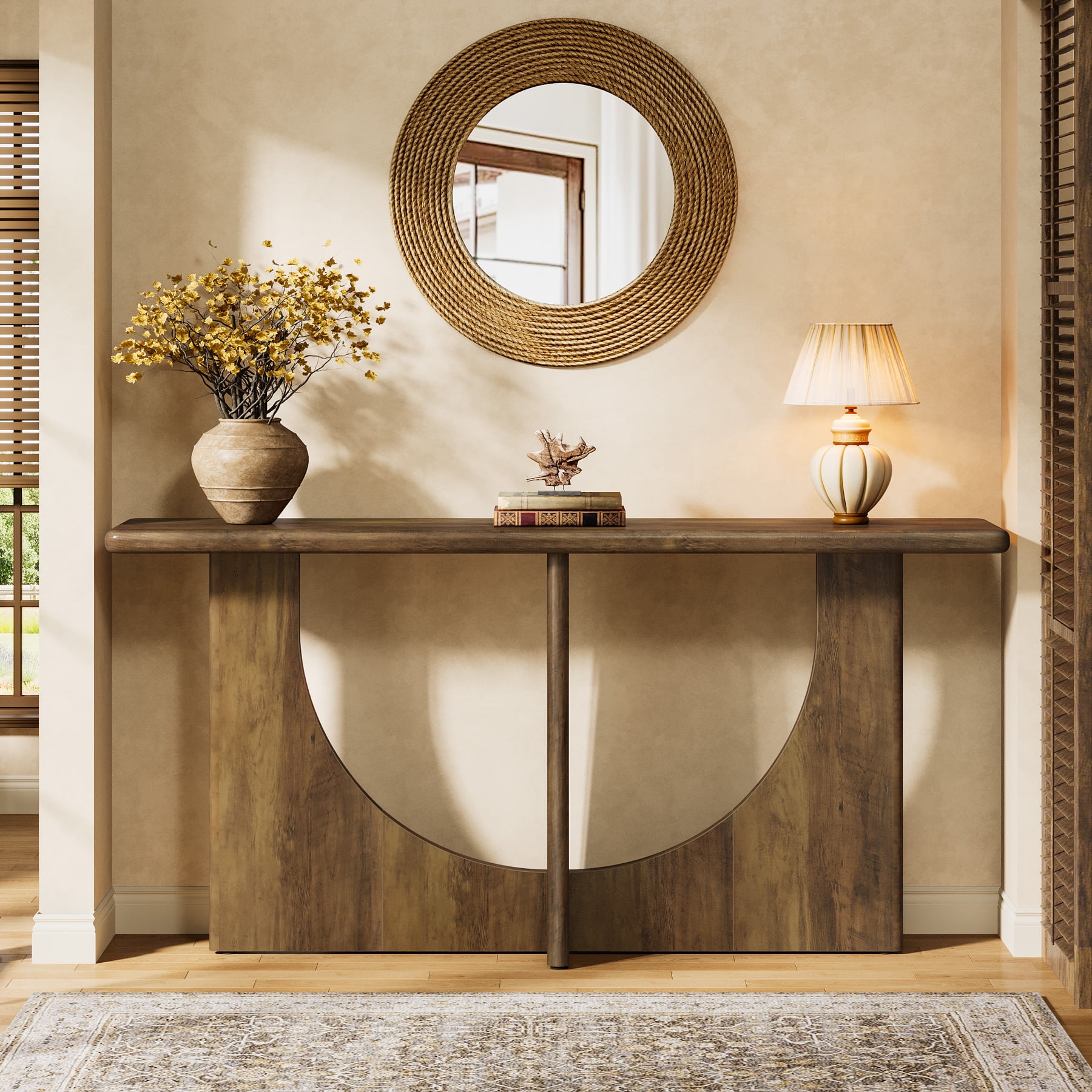 Finmind 71-inch Console Table for Entryway, Farmhouse Entryway Table with Sturdy Geometric Frame and Rounded Corner, Rustic Brown