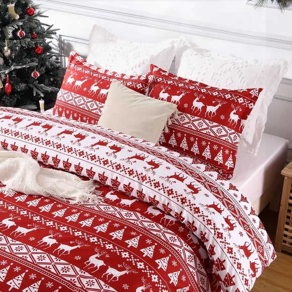 GloryStar Christmas Duvet Cover Twin Size, Reversible Holiday Comforter Set with Reindeer & Tree Print, Soft Microfiber Bedding