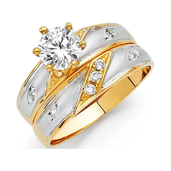 14k Two Tone Gold 1.35 ct CZ Matte & Polish Edge Wedding Ring Trio Set His & Hers