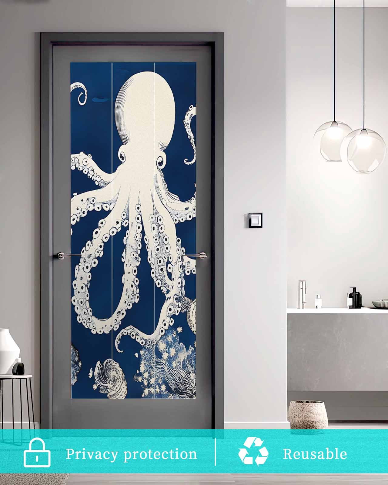 Window Privacy Film Beige Octopus Coastal Stained Glass Window Film Decorative Sun Block Window Cover Navy Blue Nautical Ocean Coral Window Clings Static Adhesive Sticker for Bathroom 23.6"x59"