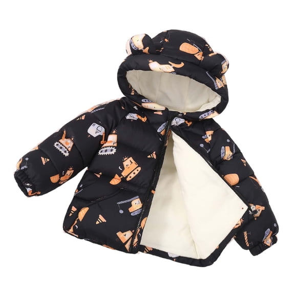 FAIOROI Warm Toddler Boys' 4T Black Winter Puffer Jacket - Construction Truck Print, Bear Ears Hood, Water-Resistant, Machine Washable