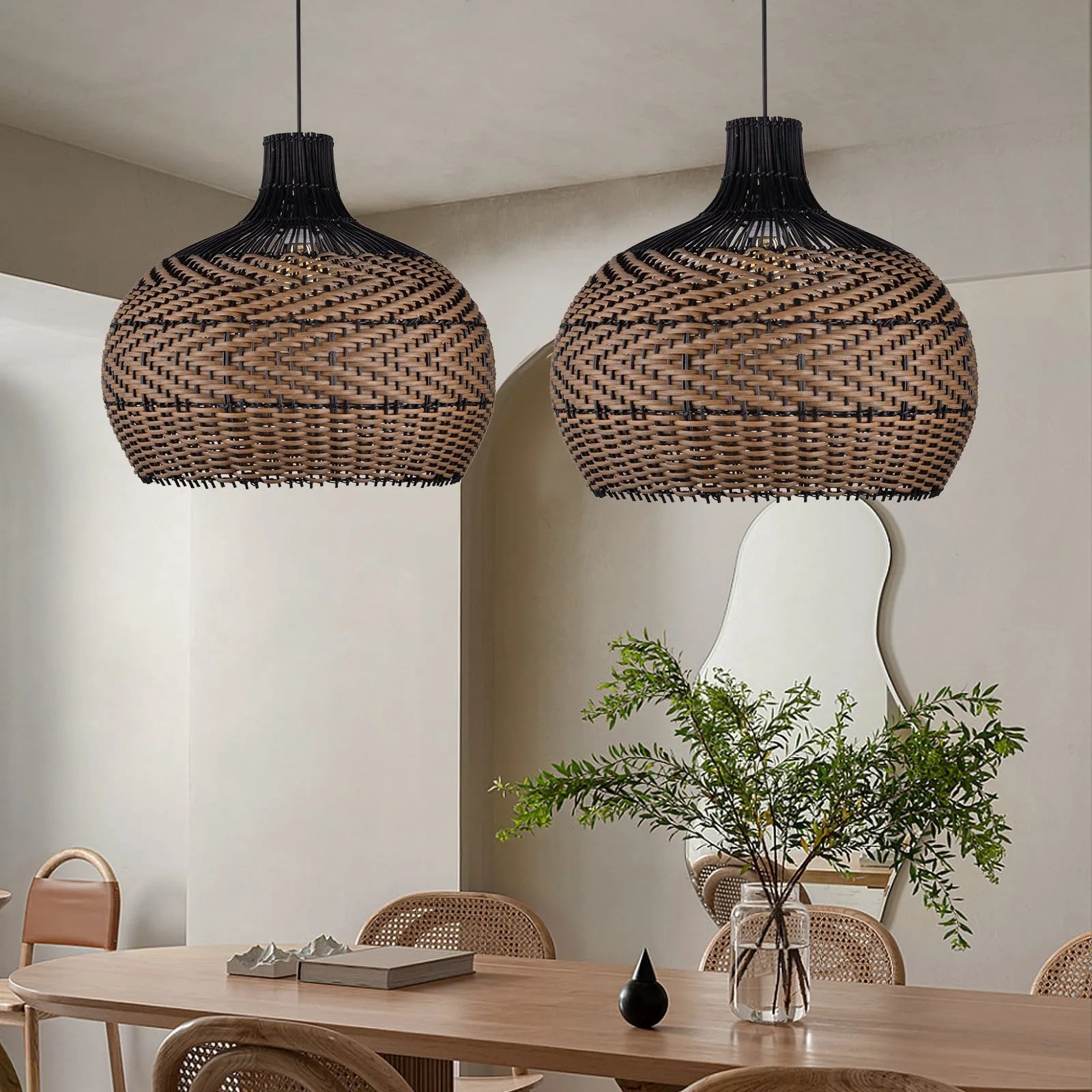 LittleGlovo Dining Room Black Brown Rattan Pendant Light Fixture Wabi-sabi Vintage Lamp
