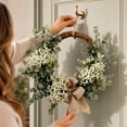 thumbnail image 2 of chaungfeng 17.72" Artificial Flower Wreath for Front Door, Hand-Woven Hanging Wreath with White Flower Bow and Green Foliage, Home Decor, Suit for Entryway, Living Room, Fireplace, Door, 2 of 7