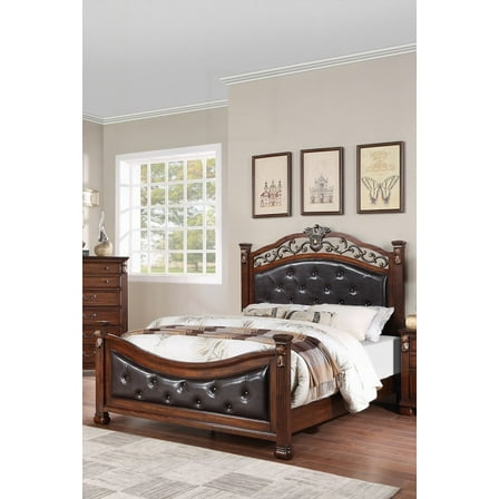 Traditional Dark Cherry Eastern King Size Bed Having Tufted Faux Leather Headboard and Footboard