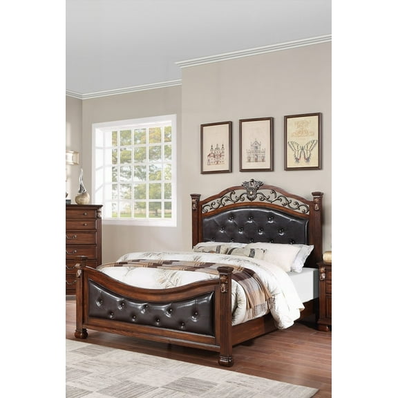 Traditional Dark Cherry Eastern King Size Bed Having Tufted Faux Leather Headboard and Footboard