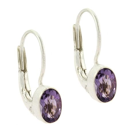 February Birthstone Lever Back Earrings - Sterling Silver Genuine Amethyst Stone Oval LeverBack Lever Back Earrings