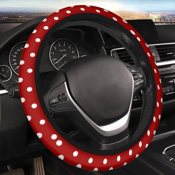 Car Steering Wheel Cover for Women Men, Non-Slip Breathable Steering Wheel, Vintage Red White Polka Dot Steering Wheel Protector, Car Accessories, Universal 14" 02/2-15" Fit Auto, Suvs