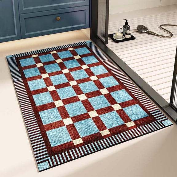Soft Cozy Thick Bath Rug Mat 60x40cm - Fast-Drying Polyester Bathroom Rug for Tub, Shower, Sink | Non-Slip Striped Design | Blue Brown or Pink White