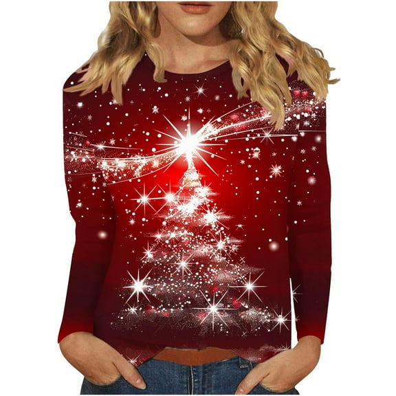 asdoklhq Christmas Cotton Sweaters for Women Ladies' Casual Printed Casual Pullover Classic Long Sleeved Round Neck Top Red 3X
