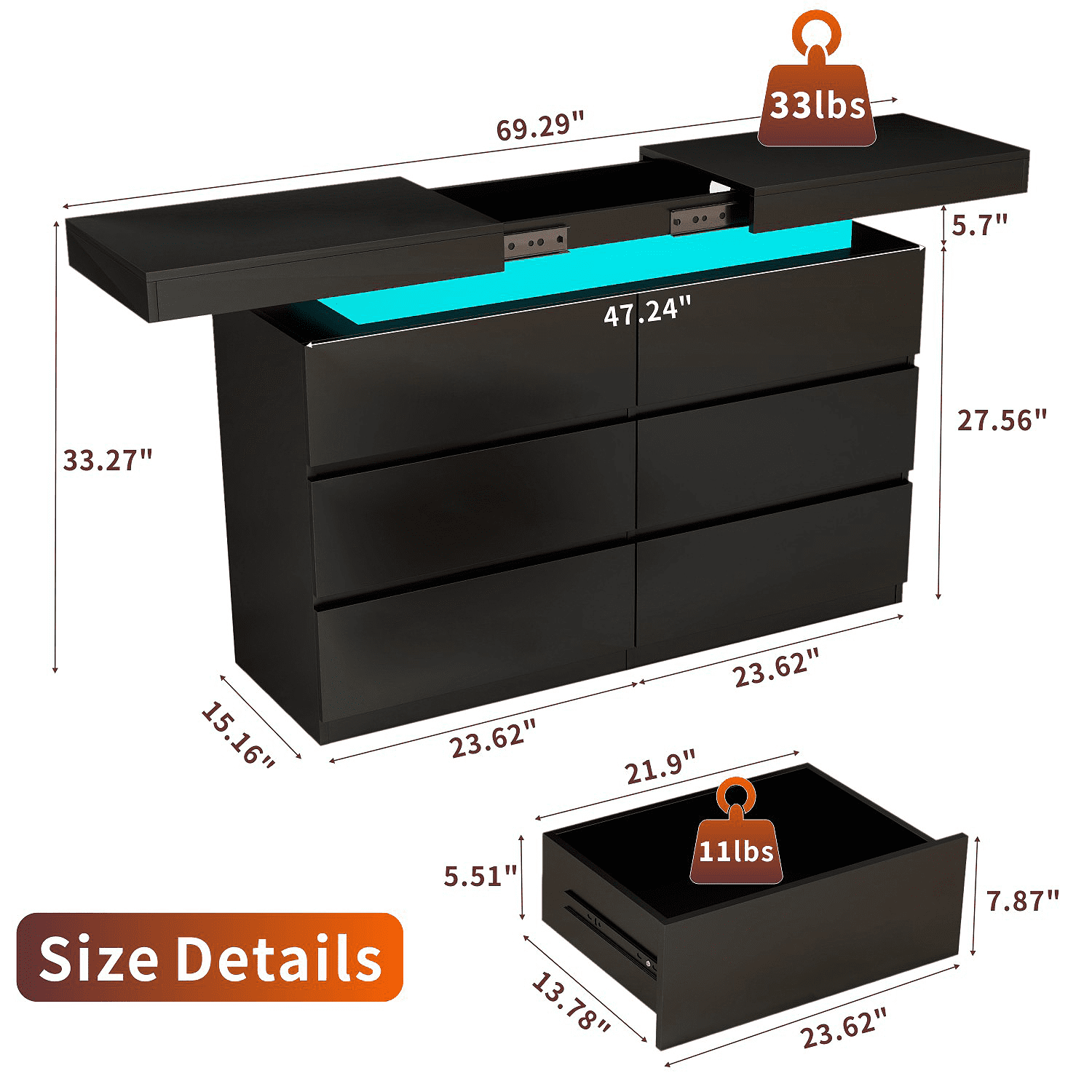 Black 6 Drawer Dresser with Sliding Top, LED Lights & Charging Station - Spacious Chest of Drawers for Bedroom, Entryway, or Hallway Storage