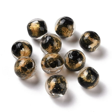 Handmade golden Foil Lampwork Glass Beads Round Black 8mm Hole: 1.4mm