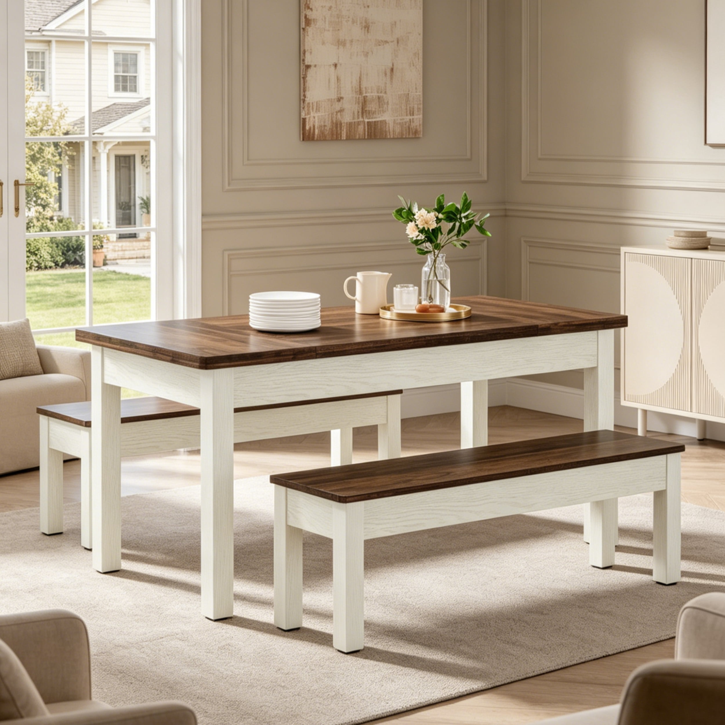 Fnova 3 Pieces Dining Table Set for 4-6 with 2 Benches, 55" Farmhouse Wood Kitchen Table and Space Saving Tuck Under Benches for Kitchen Dining Room
