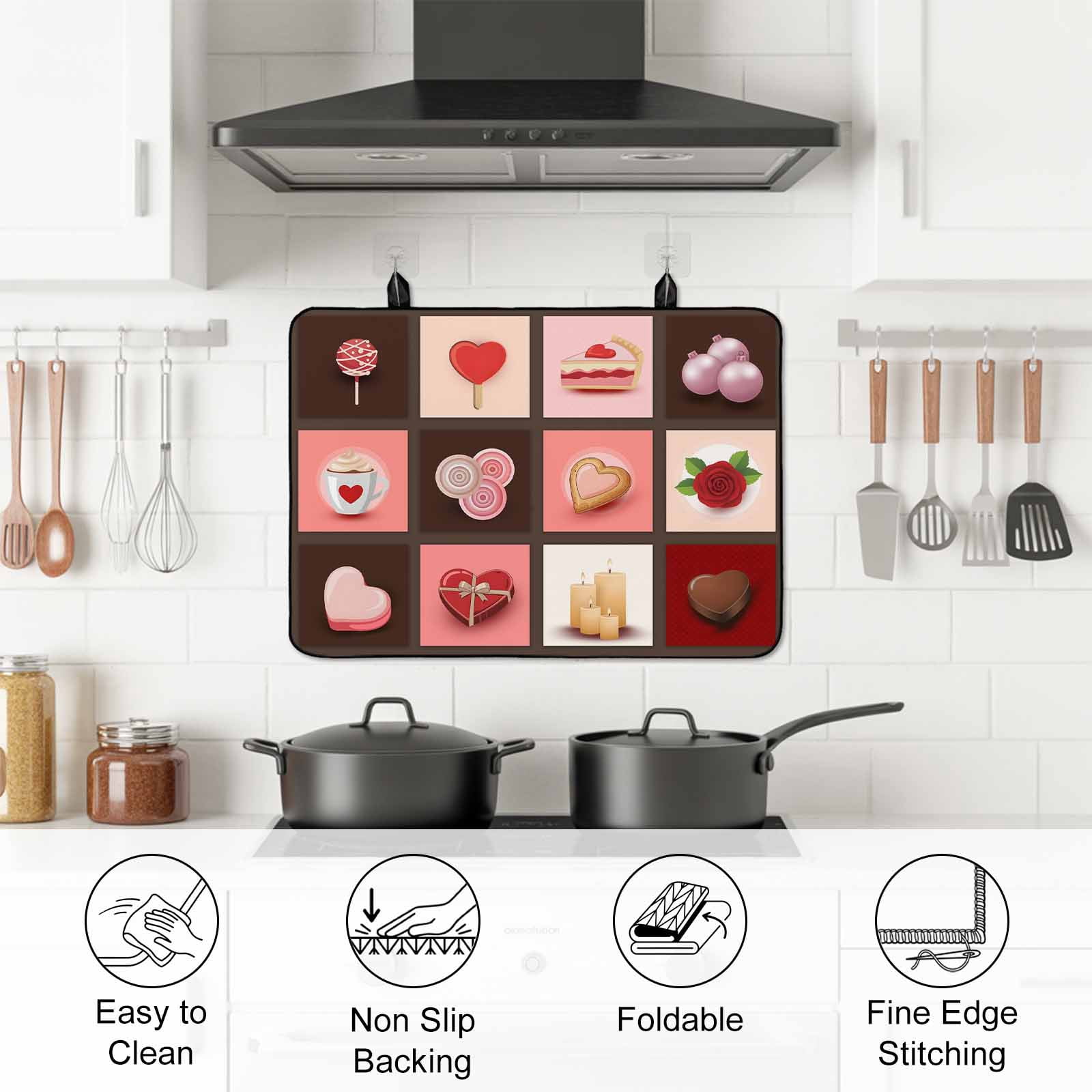 Valentine's Day Stove Top Cover for Electric Stove, Heat-proof & Non Slip Glass Top Stove Cover Protector, Love Heart Chocolate Rose Plaid Kitchen Flat Cooktop Rubber Mat 24x21 Inches
