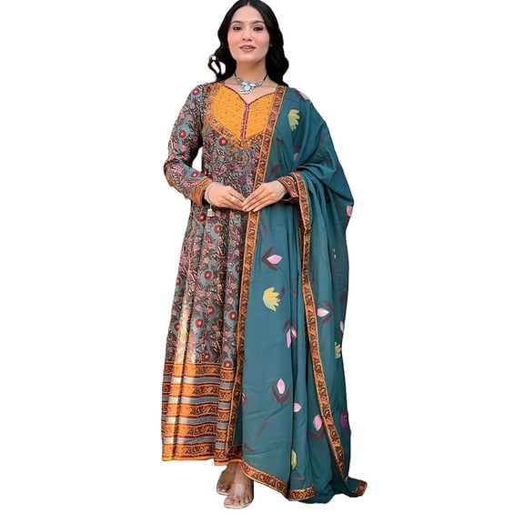 KLOSIA Women's Viscose Kurta and Pant with Dupatta Set - Indian Ethnic Traditional Wear Anarkali Kurta Set