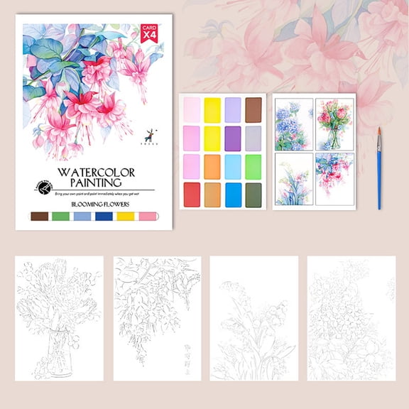Watercolor Coloring Book Set, Portable Travel Painting Kit with Built-In Paint Palette and Brushes for Stress Relief and DIY Art B#083 B