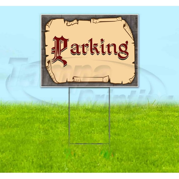Medieval Fair Parking Red Scroll (18" X 24") Yard Sign, Includes Metal Step Stake