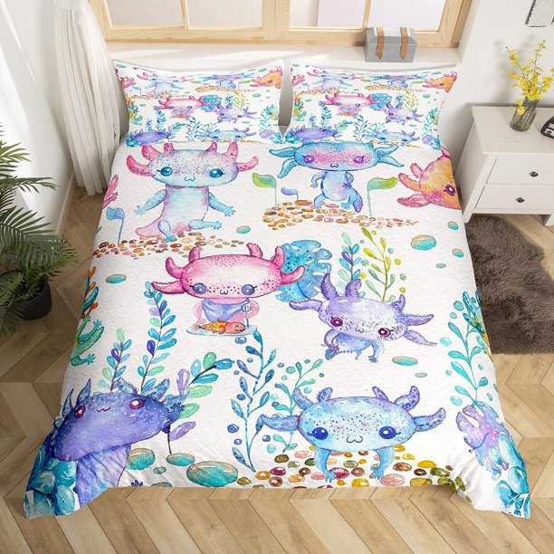 Axolotl Funda Nórdica Queen para Niños Niñas Pequeños,Kawaii Axolotl Ropa de Cama