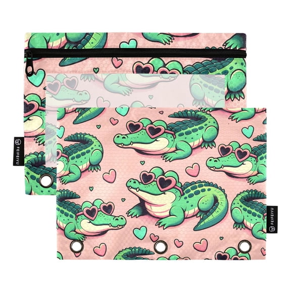 Crocodiles with Heart Glasses 2 Pack Pencil Pouch for 3 Ring Binder Smooth Zipper Folders with Pockets Clear Window Pencil Case
