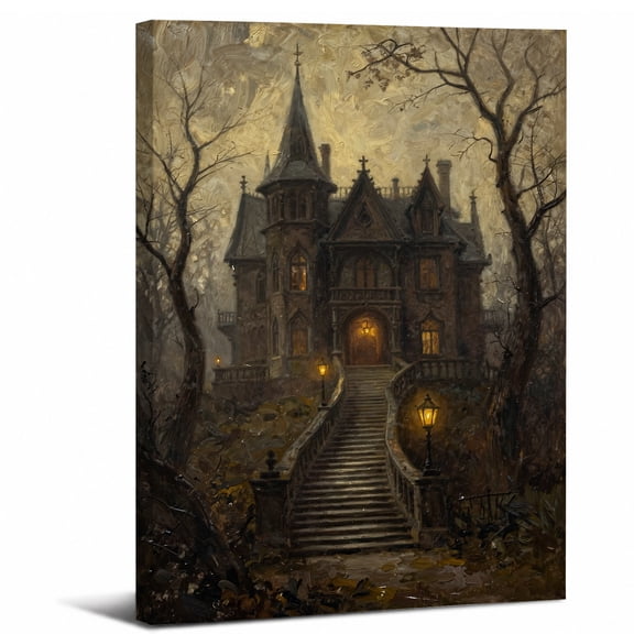 Gothic Mansion Canvas Wall Art Framed,Dark Spooky Old Haunted Castle in Forest Landscape canvas print for bathroom bedroom decor,8x12in